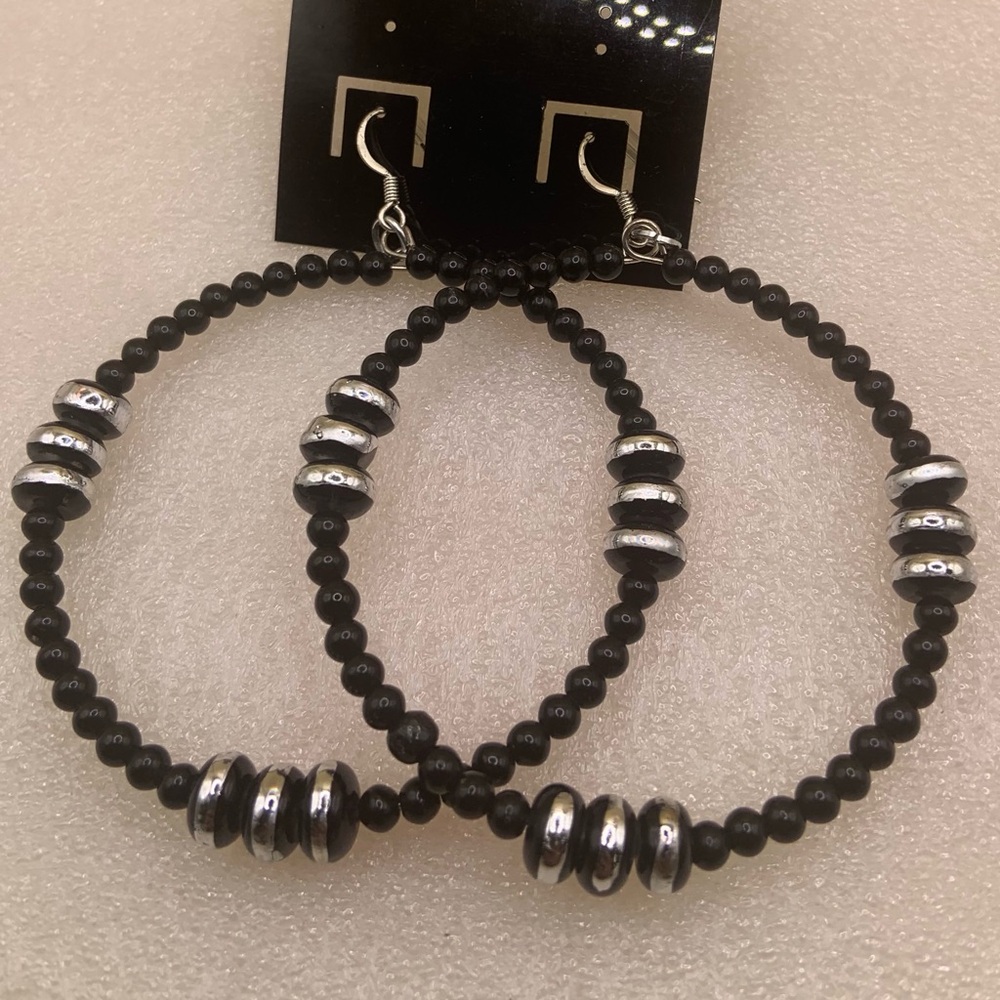 Elegant Black and Silver Beaded Hoop Earrings